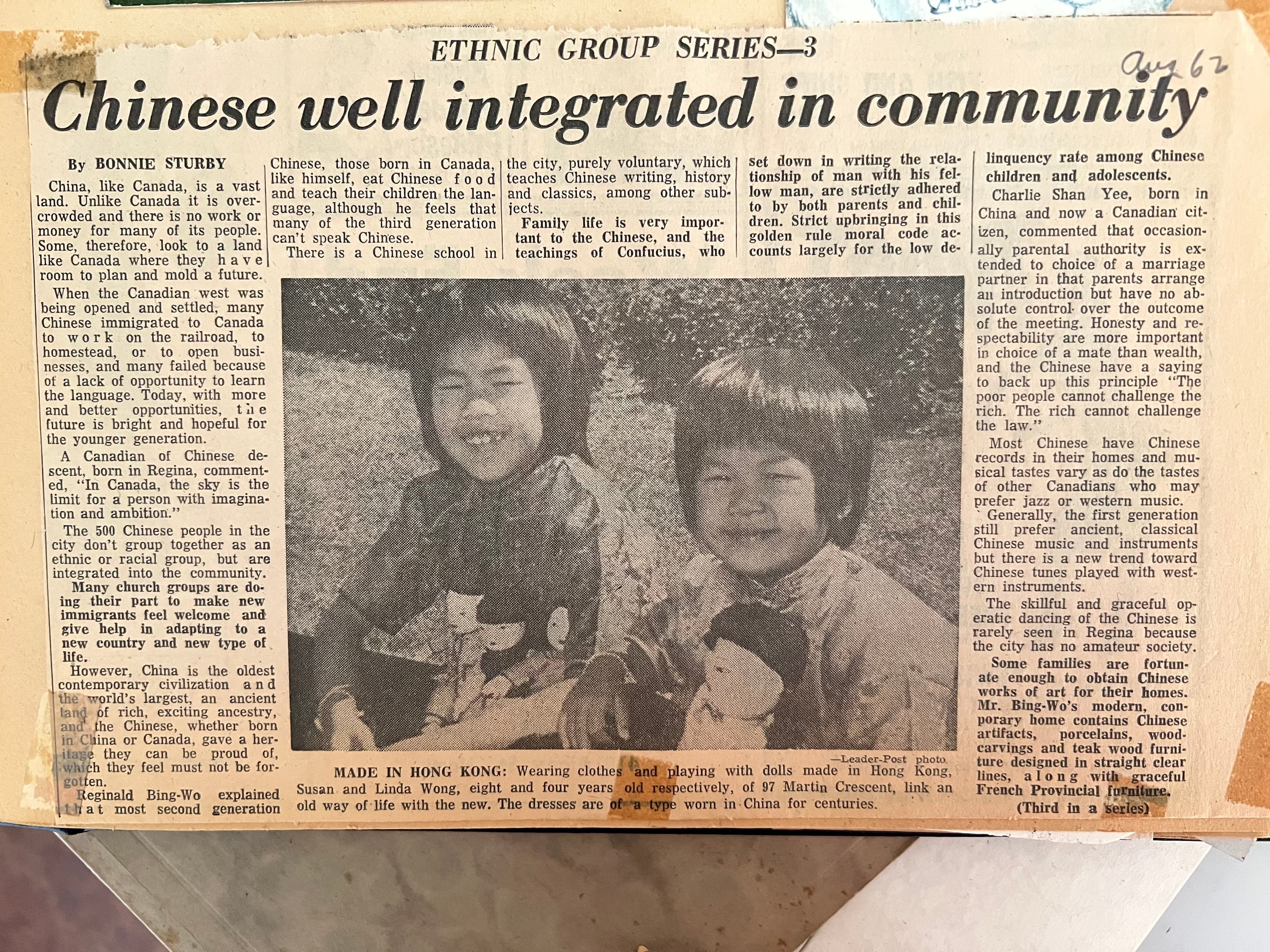 1962 Regina Leader Post story- my sister Susan on the left and I’m on the right